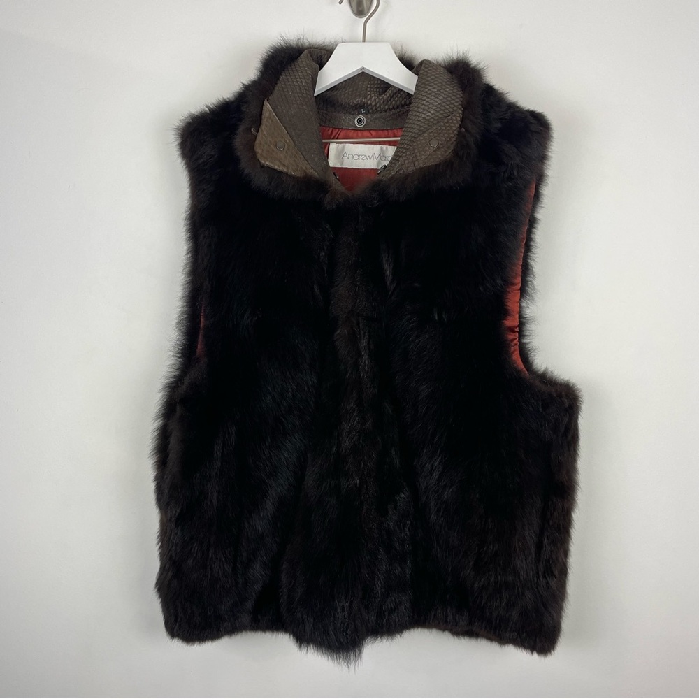 Andrew Marc Additions Leather New Zealand Opossum Fur Vest Brown Size Large